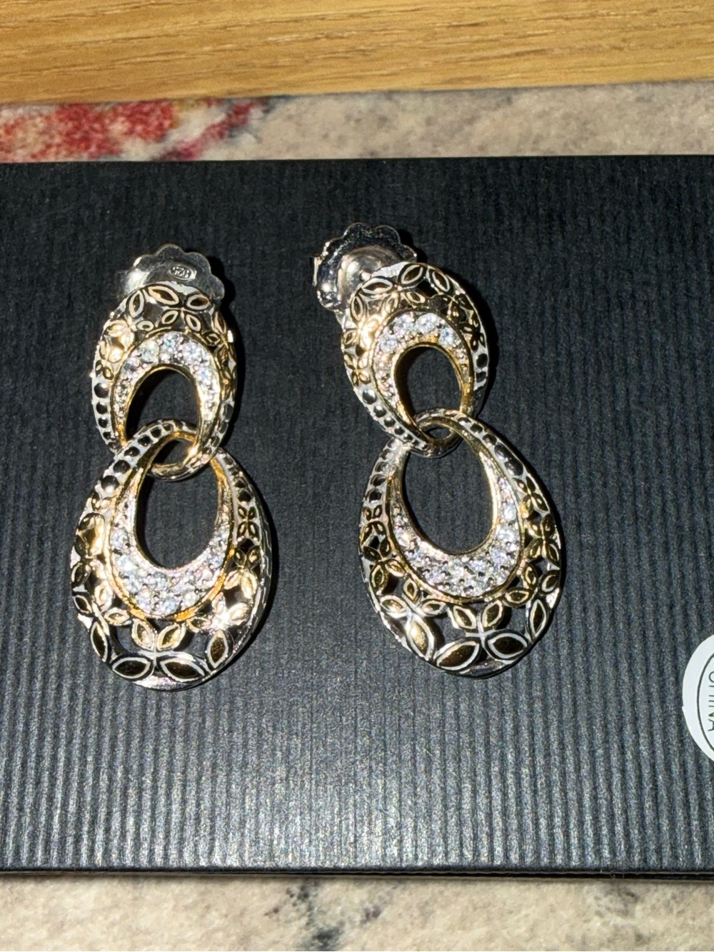 Sterling silver Elegant Black and Gold Linked Drop Earrings with Crystals - Picture 2 of 2
